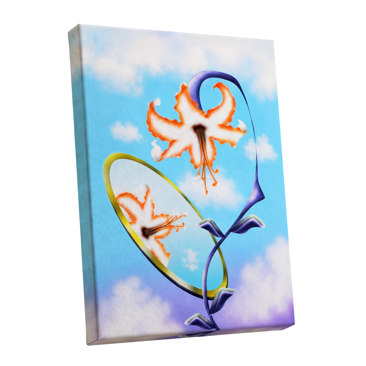Lily in the Looking Glass, blue, white, orange floral wall art shown as a stretched canvas wall art