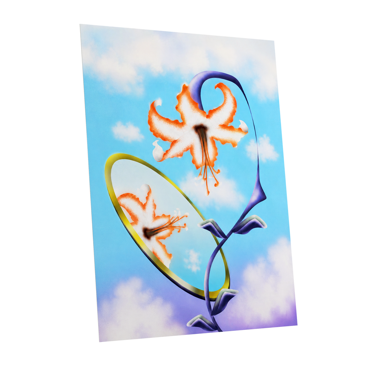 Lily in the Looking Glass, blue, white, orange floral wall art shown as a unframed poster wall art print