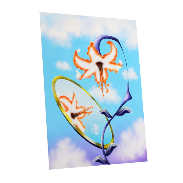 Lily in the Looking Glass, blue, white, orange floral wall art shown as a unframed poster wall art print