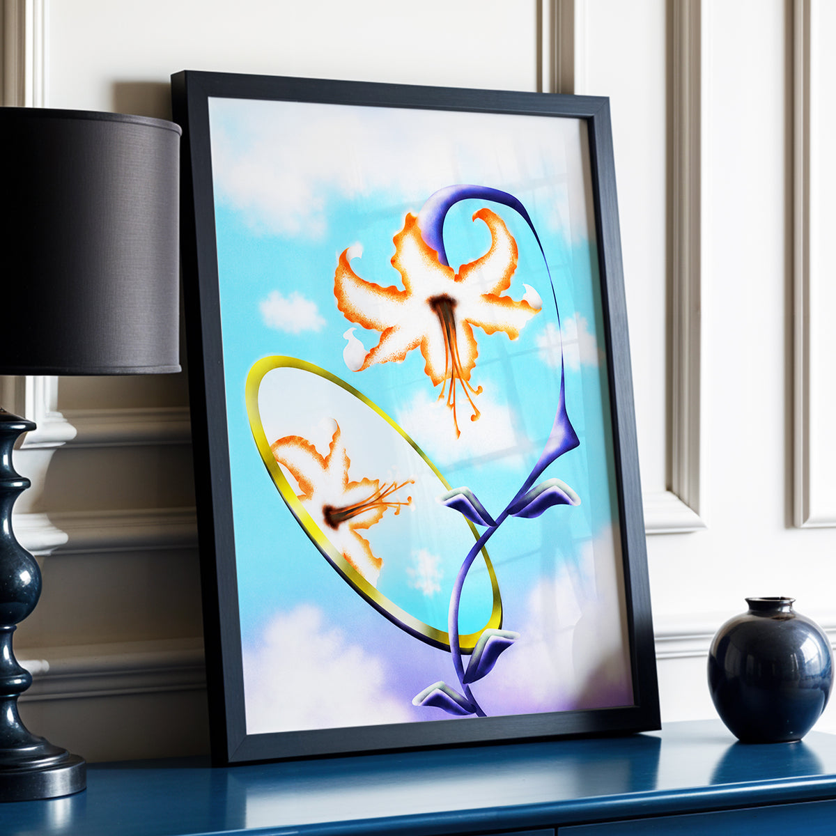 Lily in the Looking Glass, blue, white, orange floral wall art displayed in a styled interior, gallery view 2