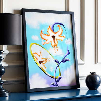 Lily in the Looking Glass, blue, white, orange floral wall art displayed in a styled interior, gallery view 2