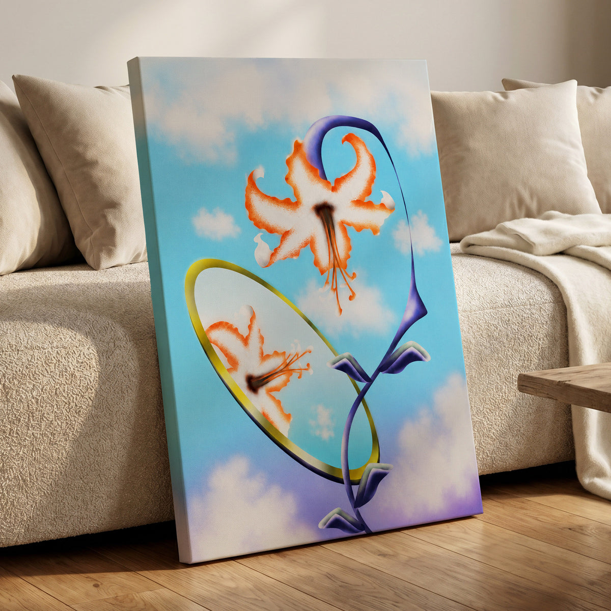 Lily in the Looking Glass, blue, white, orange floral wall art displayed in a styled interior, gallery view 3