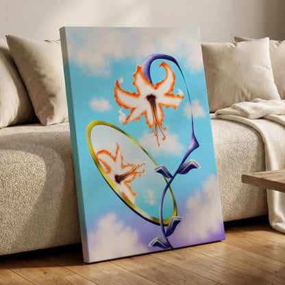 Lily in the Looking Glass, blue, white, orange floral wall art displayed in a styled interior, gallery view 3