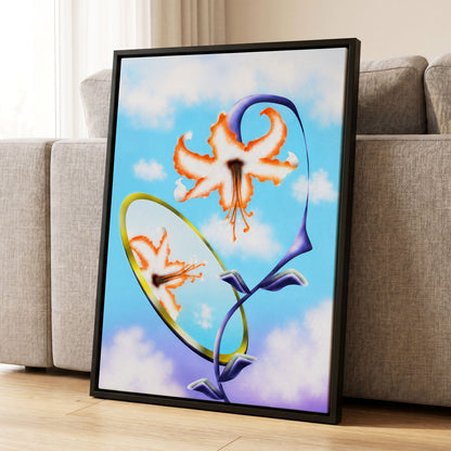 Lily in the Looking Glass, blue, white, orange floral wall art displayed in a styled interior, gallery view 4