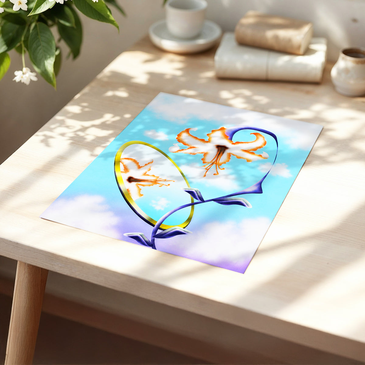 Lily in the Looking Glass, blue, white, orange floral wall art displayed in a styled interior, gallery view 5
