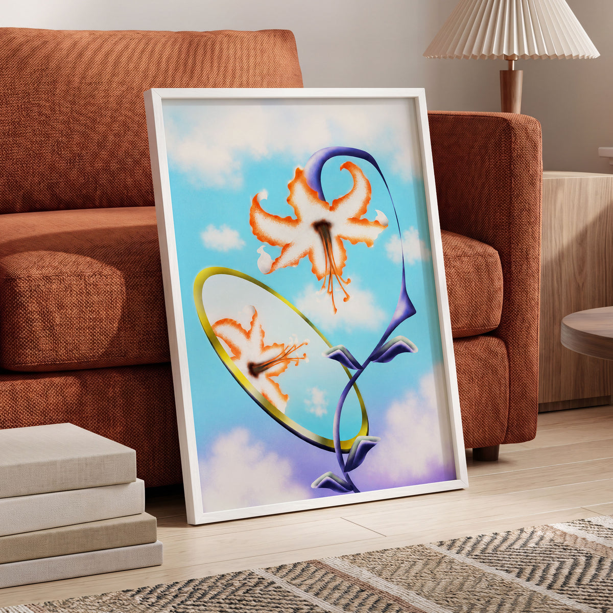 Lily in the Looking Glass, blue, white, orange floral wall art displayed in a styled interior, gallery view 6