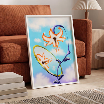 Lily in the Looking Glass, blue, white, orange floral wall art displayed in a styled interior, gallery view 6