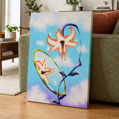 Lily in the Looking Glass, blue, white, orange floral wall art displayed in a styled interior, gallery view 7