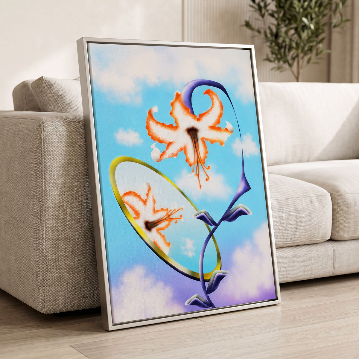 Lily in the Looking Glass, blue, white, orange floral wall art displayed in a styled interior, gallery view 8