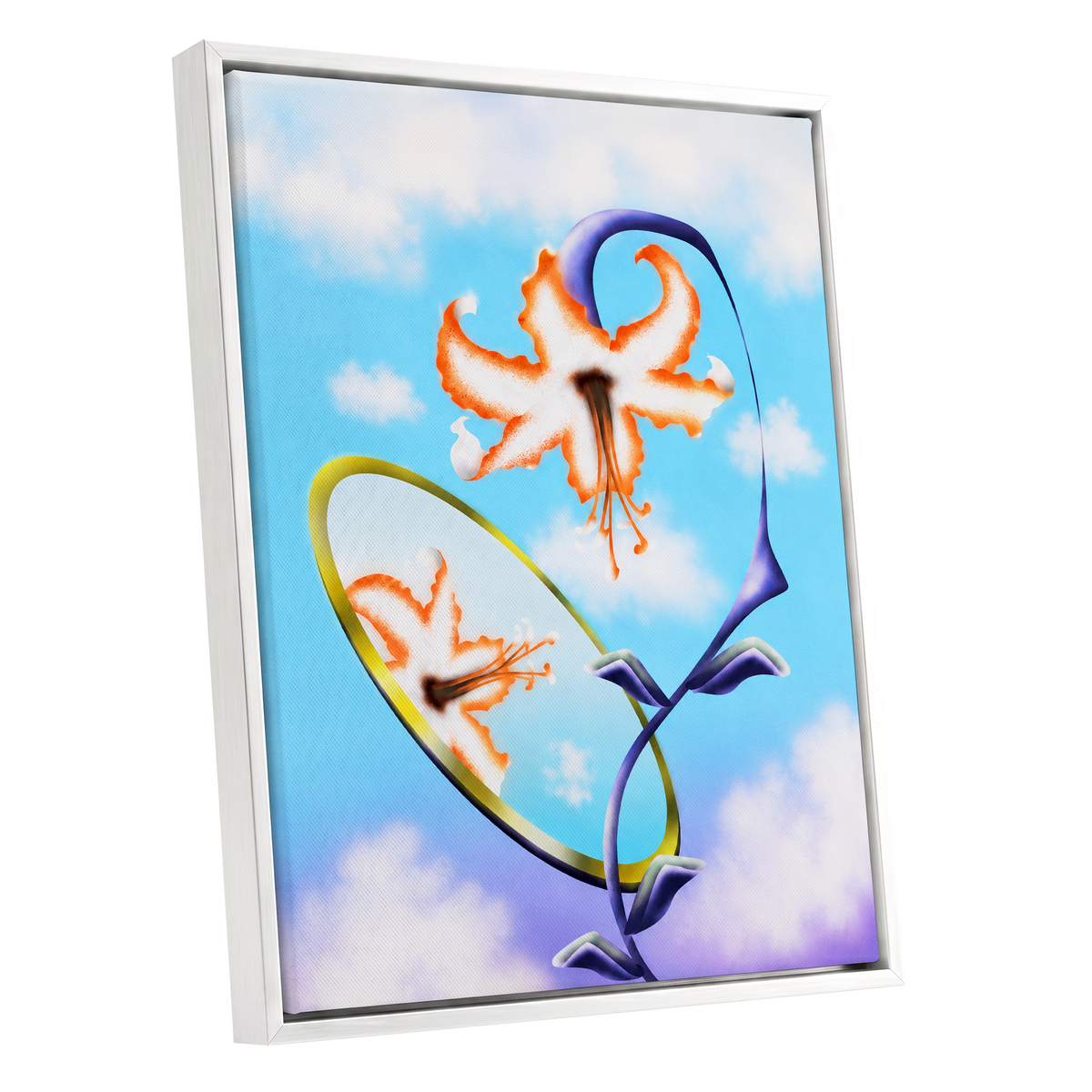 Lily in the Looking Glass, blue, white, orange floral wall art shown as a white framed canvas wall art