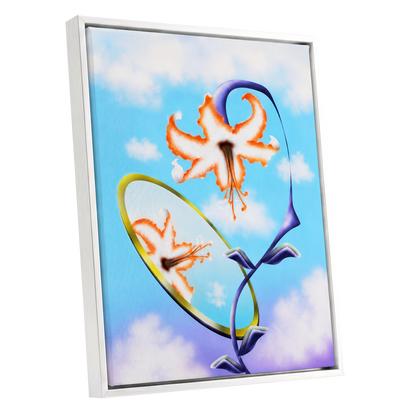 Lily in the Looking Glass, blue, white, orange floral wall art shown as a white framed canvas wall art