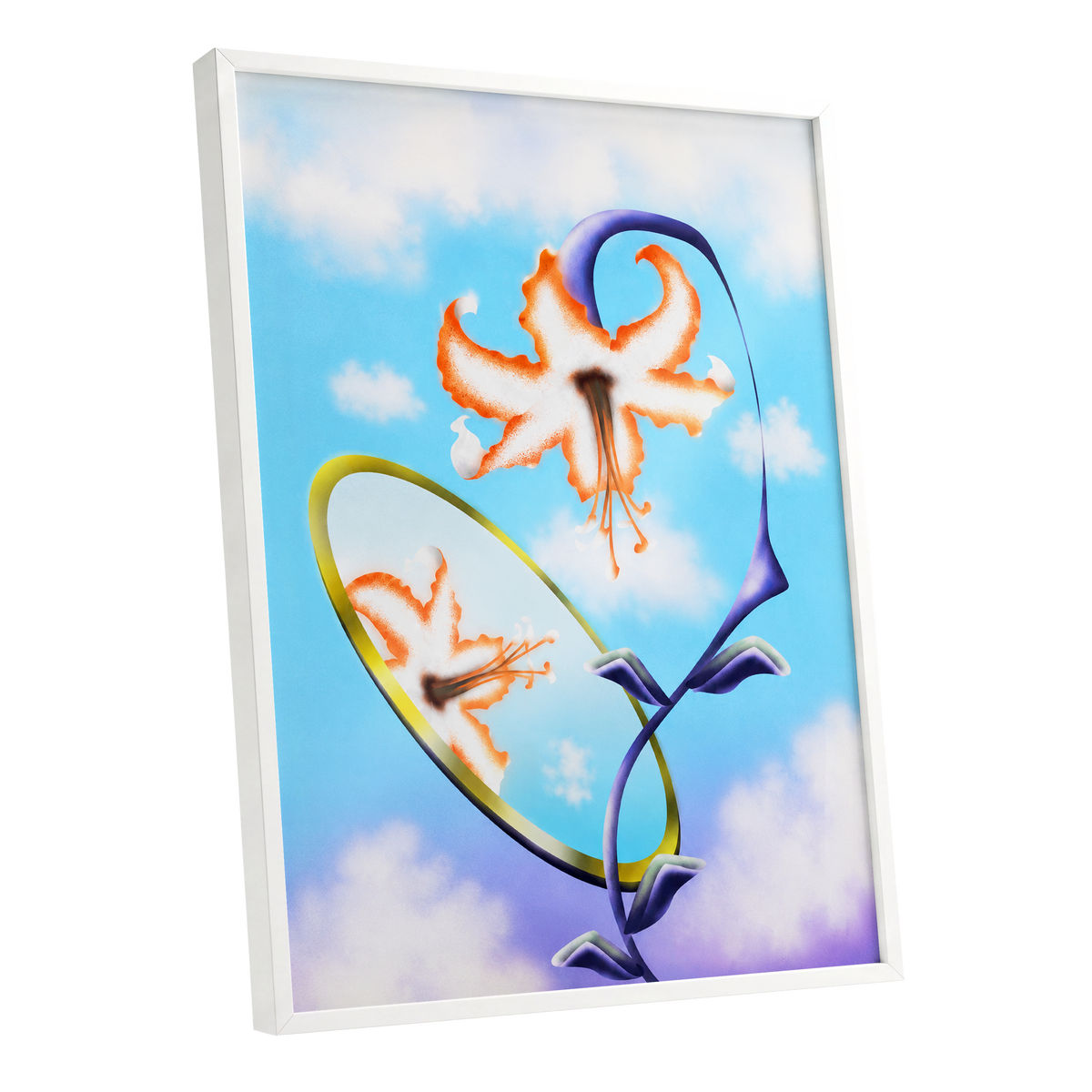 Lily in the Looking Glass, blue, white, orange floral wall art shown as a white framed poster wall art print