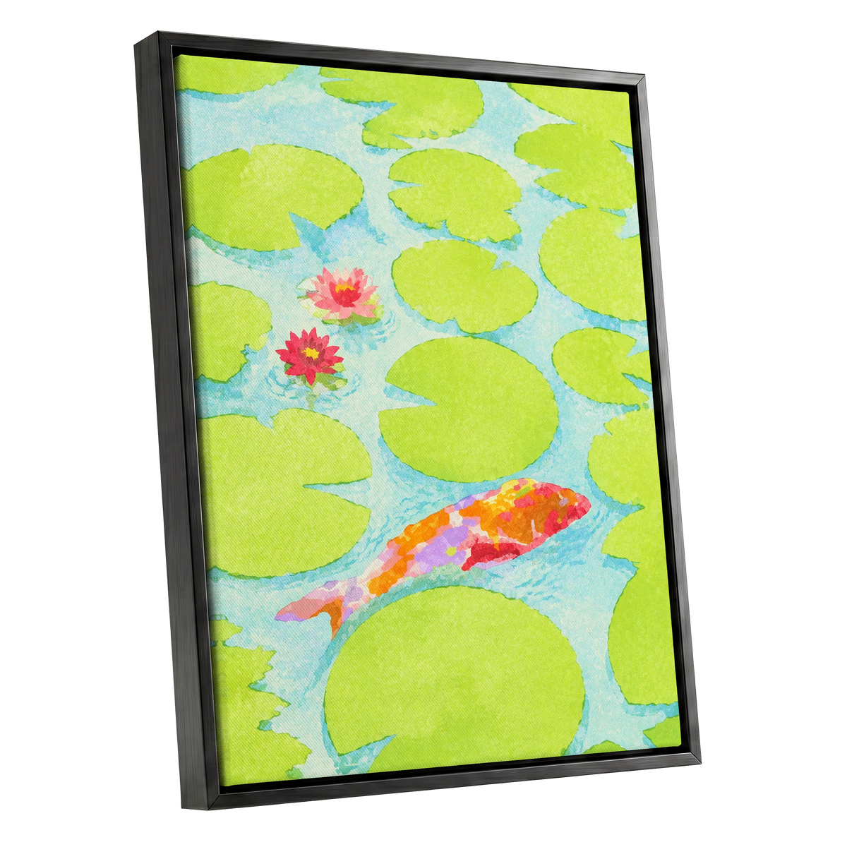 Lime Lagoon Koi, green, blue, orange nature wall art shown as a black framed canvas wall art
