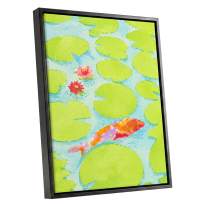 Lime Lagoon Koi, green, blue, orange nature wall art shown as a black framed canvas wall art