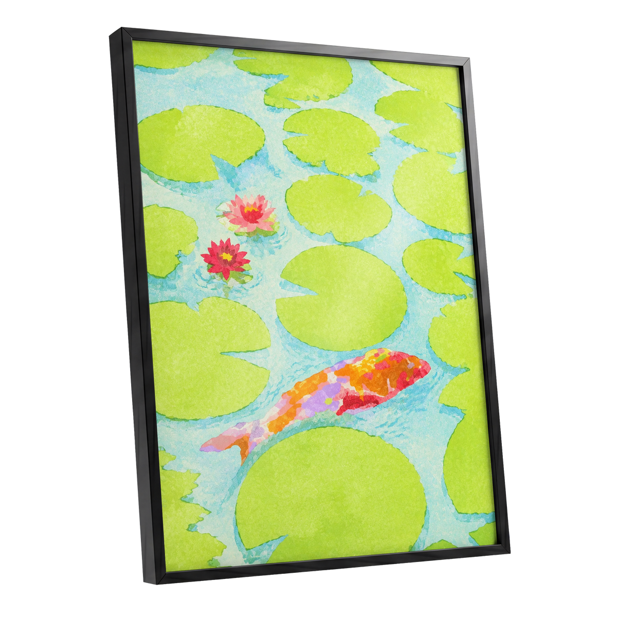 Lime Lagoon Koi, green, blue, orange nature wall art shown as a black framed poster wall art print