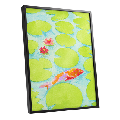 Lime Lagoon Koi, green, blue, orange nature wall art shown as a black framed poster wall art print