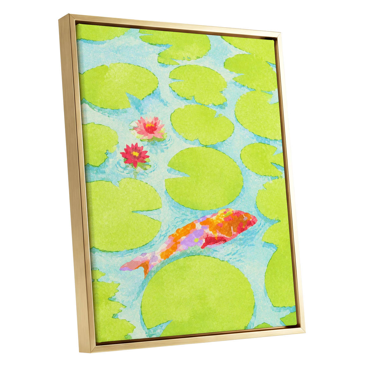 Lime Lagoon Koi, green, blue, orange nature wall art shown as a gold framed canvas wall art