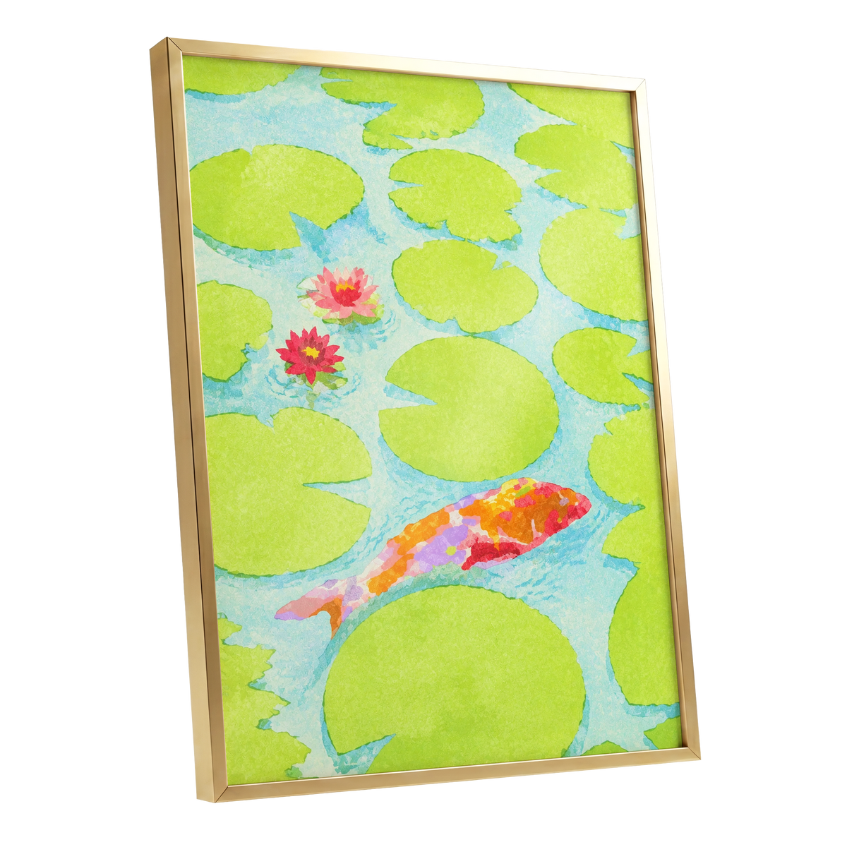 Lime Lagoon Koi, green, blue, orange nature wall art shown as a gold framed poster wall art print