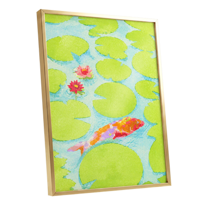 Lime Lagoon Koi, green, blue, orange nature wall art shown as a gold framed poster wall art print