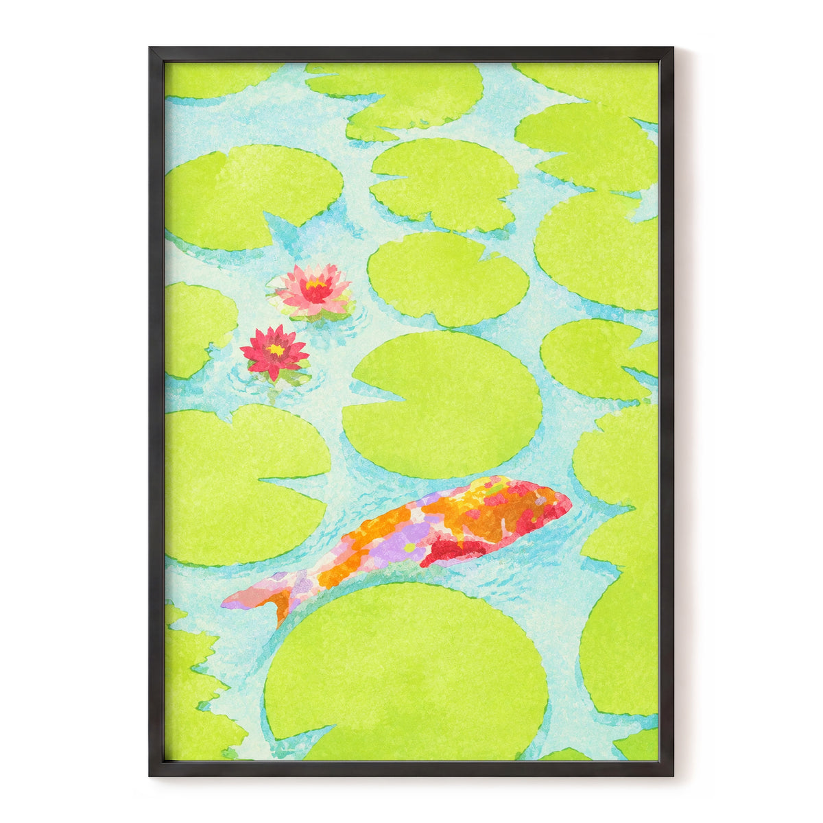 Lime Lagoon Koi, green, blue, orange nature wall art, front artwork view