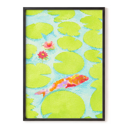 Lime Lagoon Koi, green, blue, orange nature wall art, front artwork view