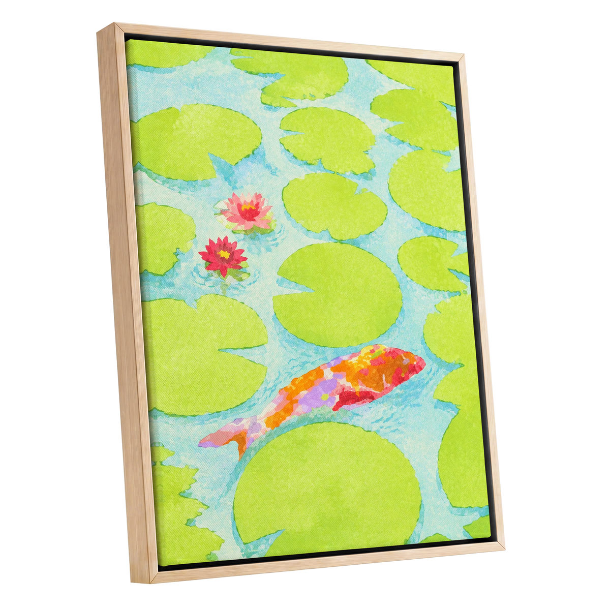 Lime Lagoon Koi, green, blue, orange nature wall art shown as a oak framed canvas wall art