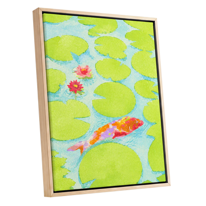 Lime Lagoon Koi, green, blue, orange nature wall art shown as a oak framed canvas wall art