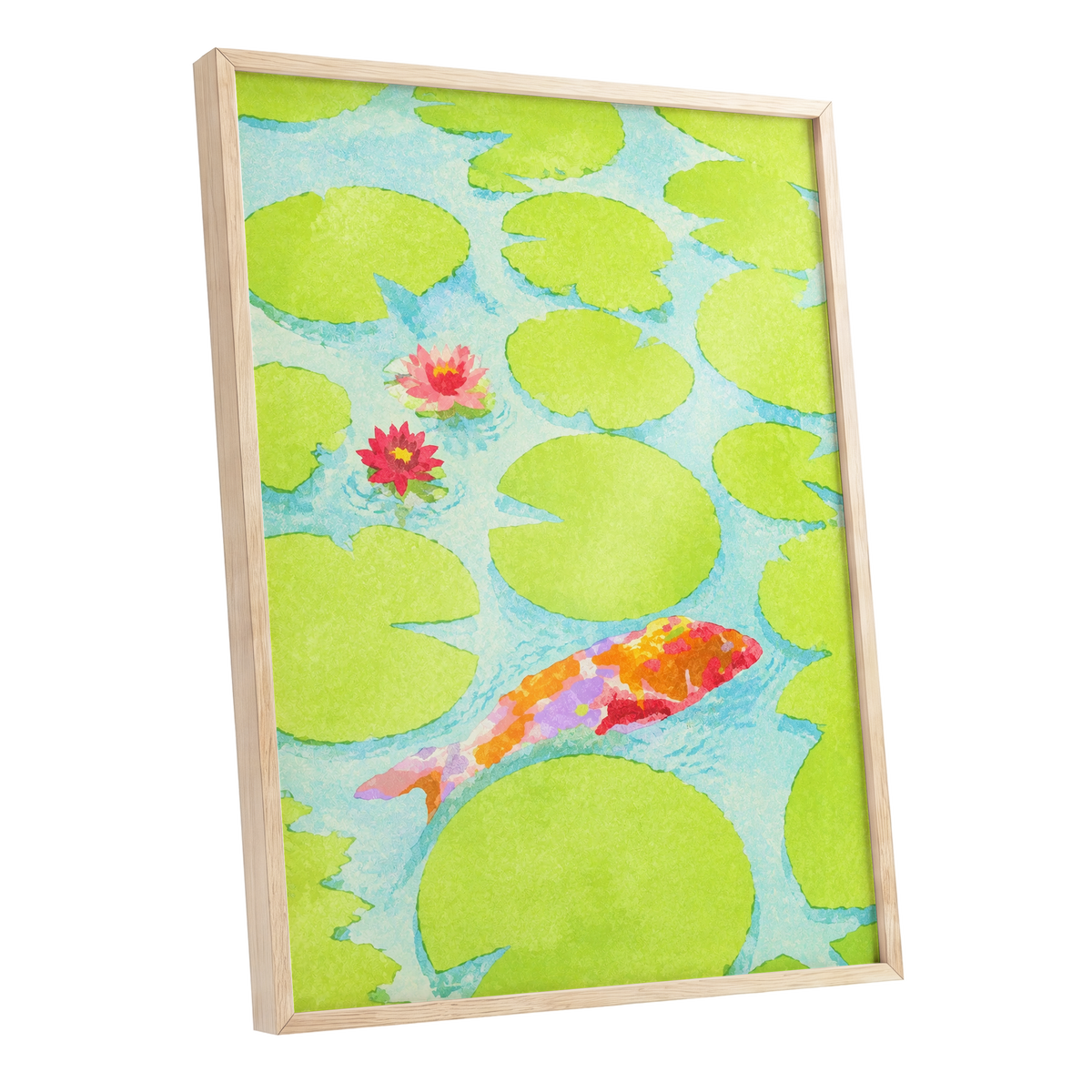Lime Lagoon Koi, green, blue, orange nature wall art shown as a oak framed poster wall art print