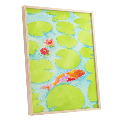 Lime Lagoon Koi, green, blue, orange nature wall art shown as a oak framed poster wall art print