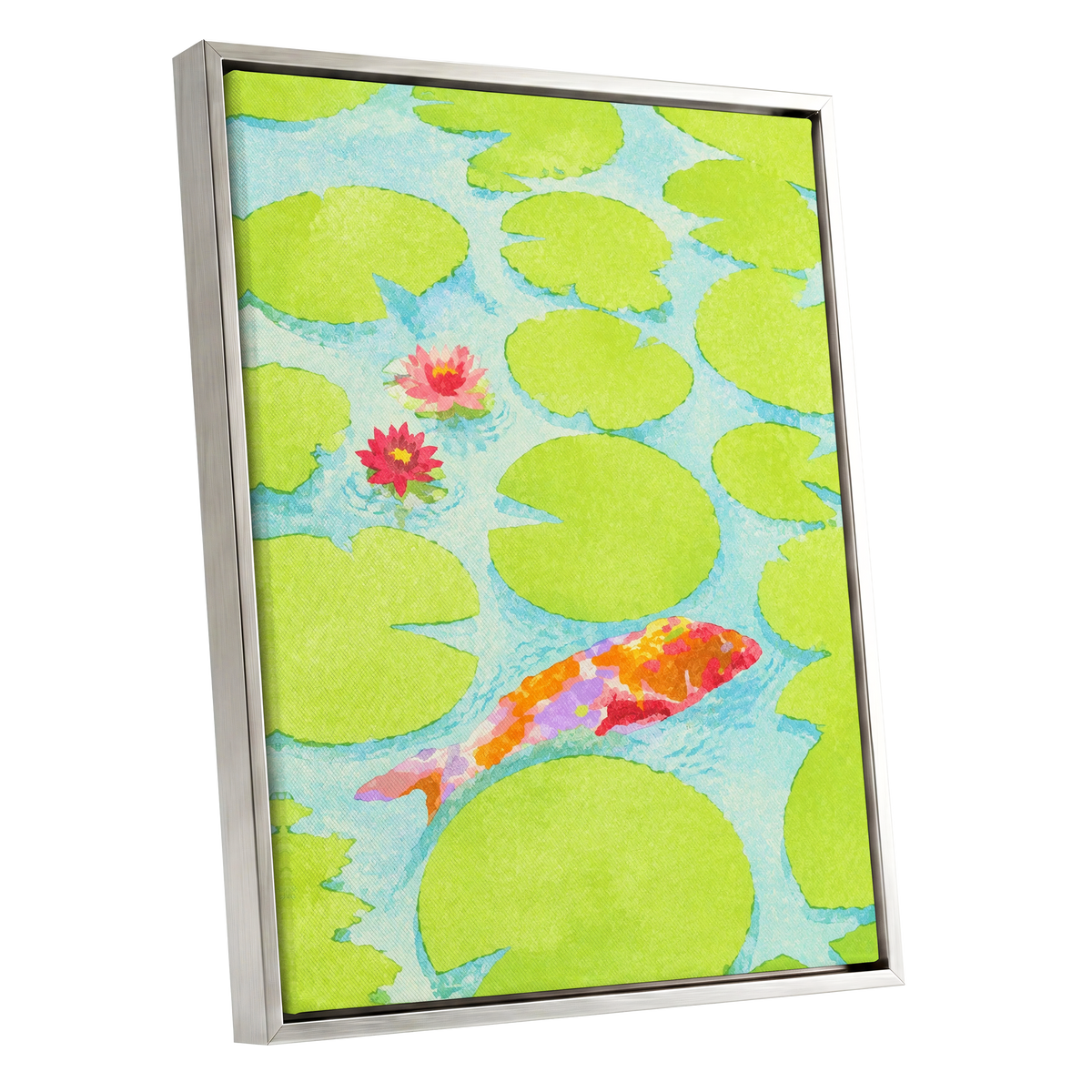 Lime Lagoon Koi, green, blue, orange nature wall art shown as a silver framed canvas wall art