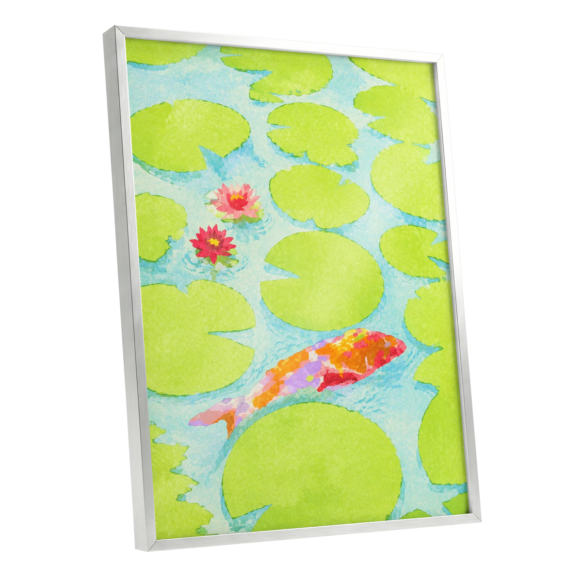 Lime Lagoon Koi, green, blue, orange nature wall art shown as a silver framed poster wall art print