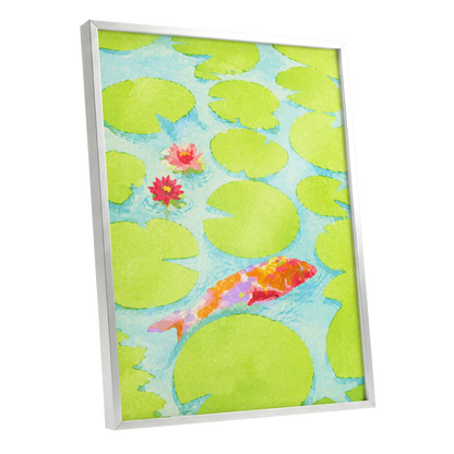 Lime Lagoon Koi, green, blue, orange nature wall art shown as a silver framed poster wall art print