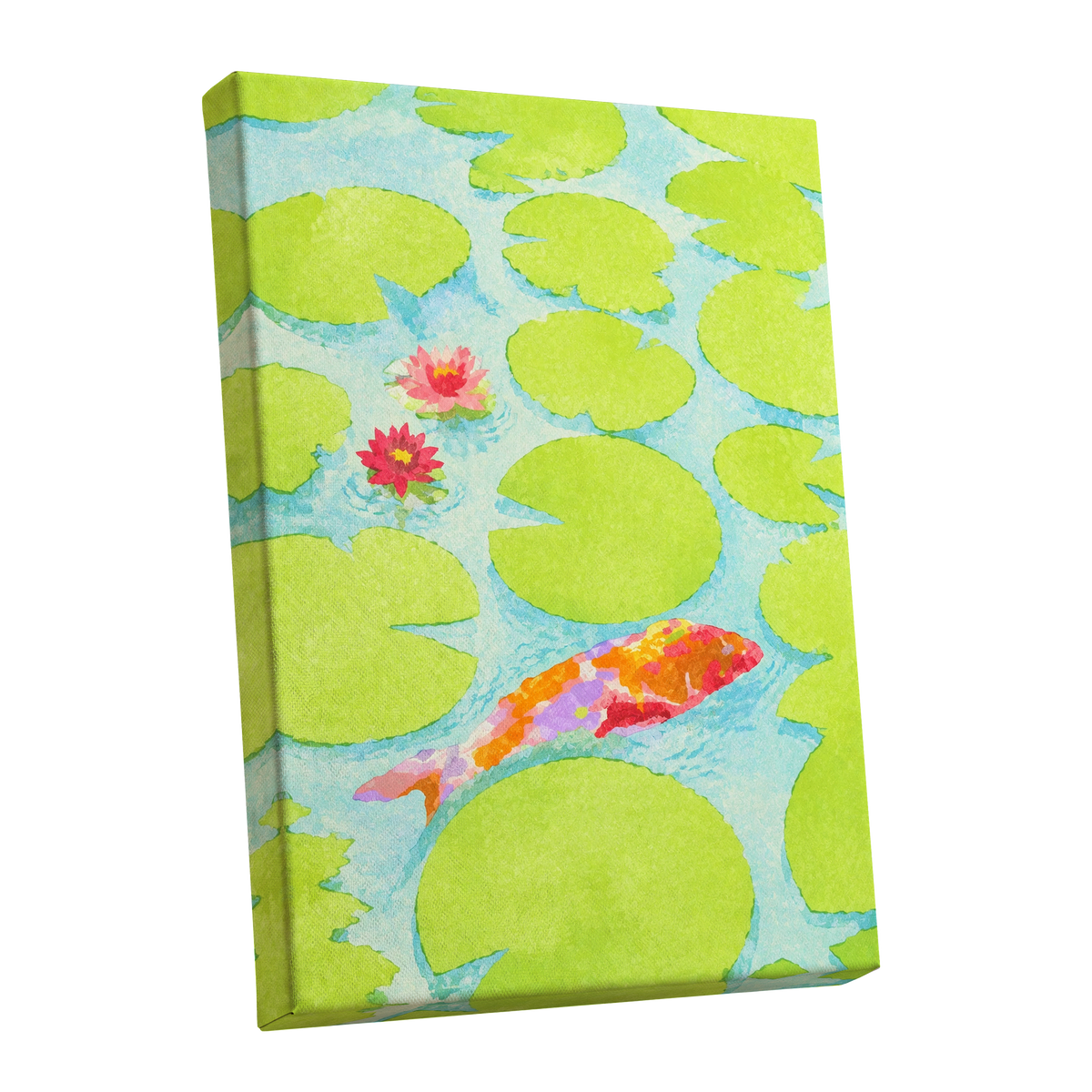 Lime Lagoon Koi, green, blue, orange nature wall art shown as a stretched canvas wall art