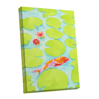Lime Lagoon Koi, green, blue, orange nature wall art shown as a stretched canvas wall art