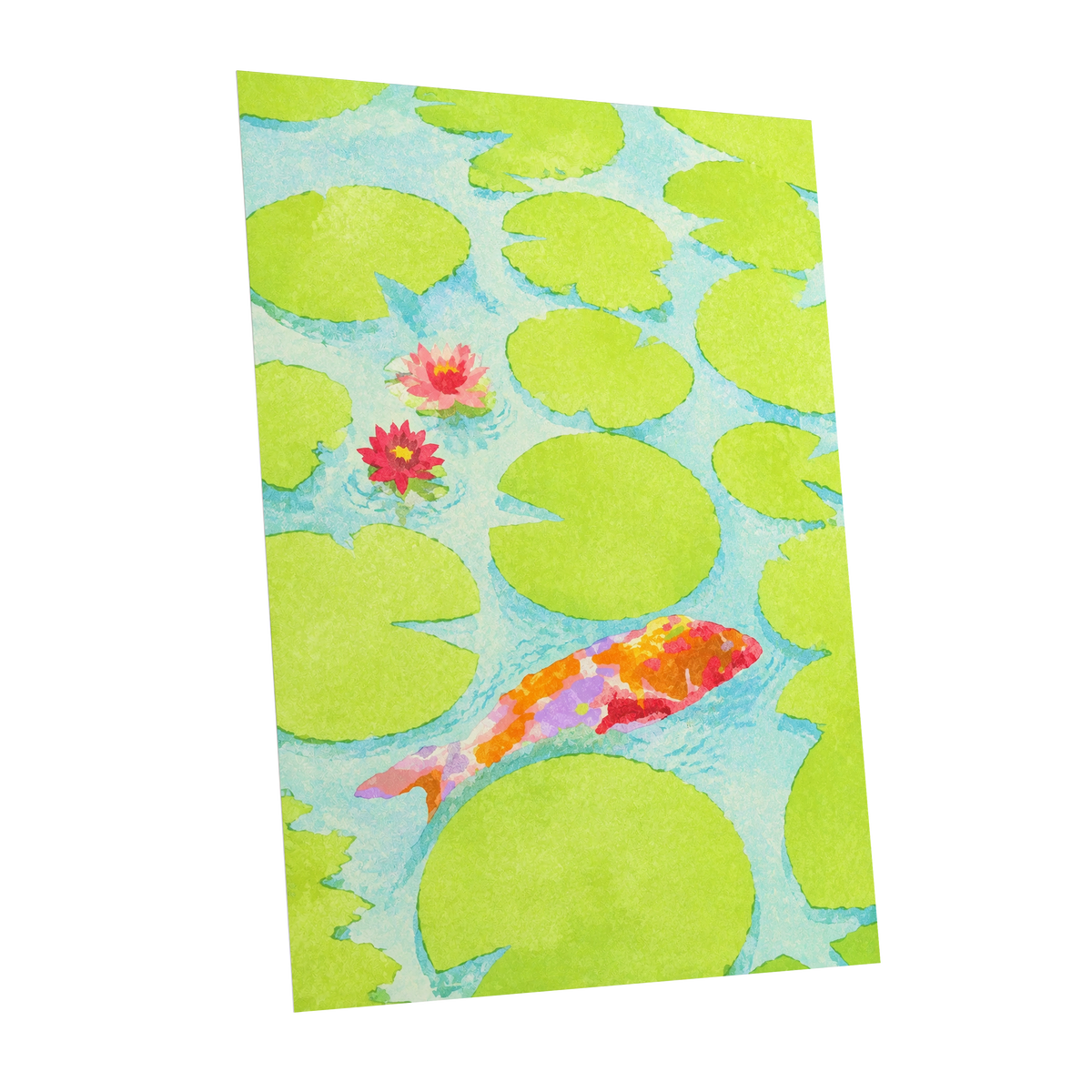 Lime Lagoon Koi, green, blue, orange nature wall art shown as a unframed poster wall art print