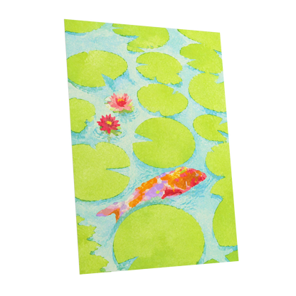 Lime Lagoon Koi, green, blue, orange nature wall art shown as a unframed poster wall art print