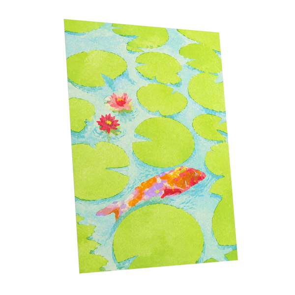Lime Lagoon Koi, green, blue, orange nature wall art shown as a unframed poster wall art print
