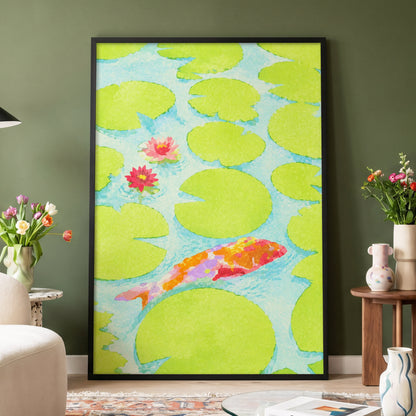 Lime Lagoon Koi, green, blue, orange nature wall art displayed in a styled interior, gallery view 2