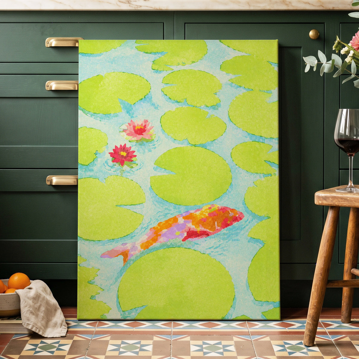 Lime Lagoon Koi, green, blue, orange nature wall art displayed in a styled interior, gallery view 3