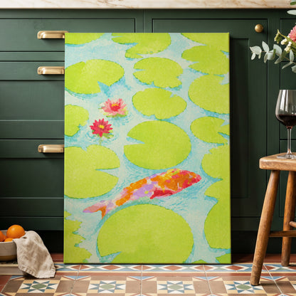 Lime Lagoon Koi, green, blue, orange nature wall art displayed in a styled interior, gallery view 3