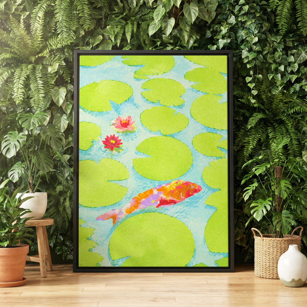 Lime Lagoon Koi, green, blue, orange nature wall art displayed in a styled interior, gallery view 4