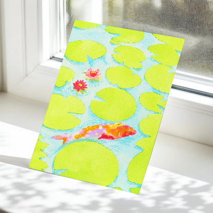 Lime Lagoon Koi, green, blue, orange nature wall art displayed in a styled interior, gallery view 5