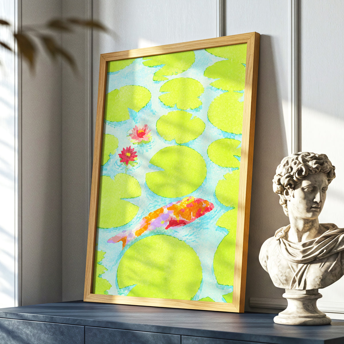 Lime Lagoon Koi, green, blue, orange nature wall art displayed in a styled interior, gallery view 6