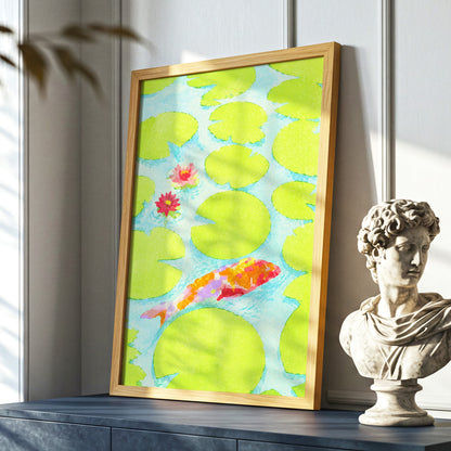 Lime Lagoon Koi, green, blue, orange nature wall art displayed in a styled interior, gallery view 6