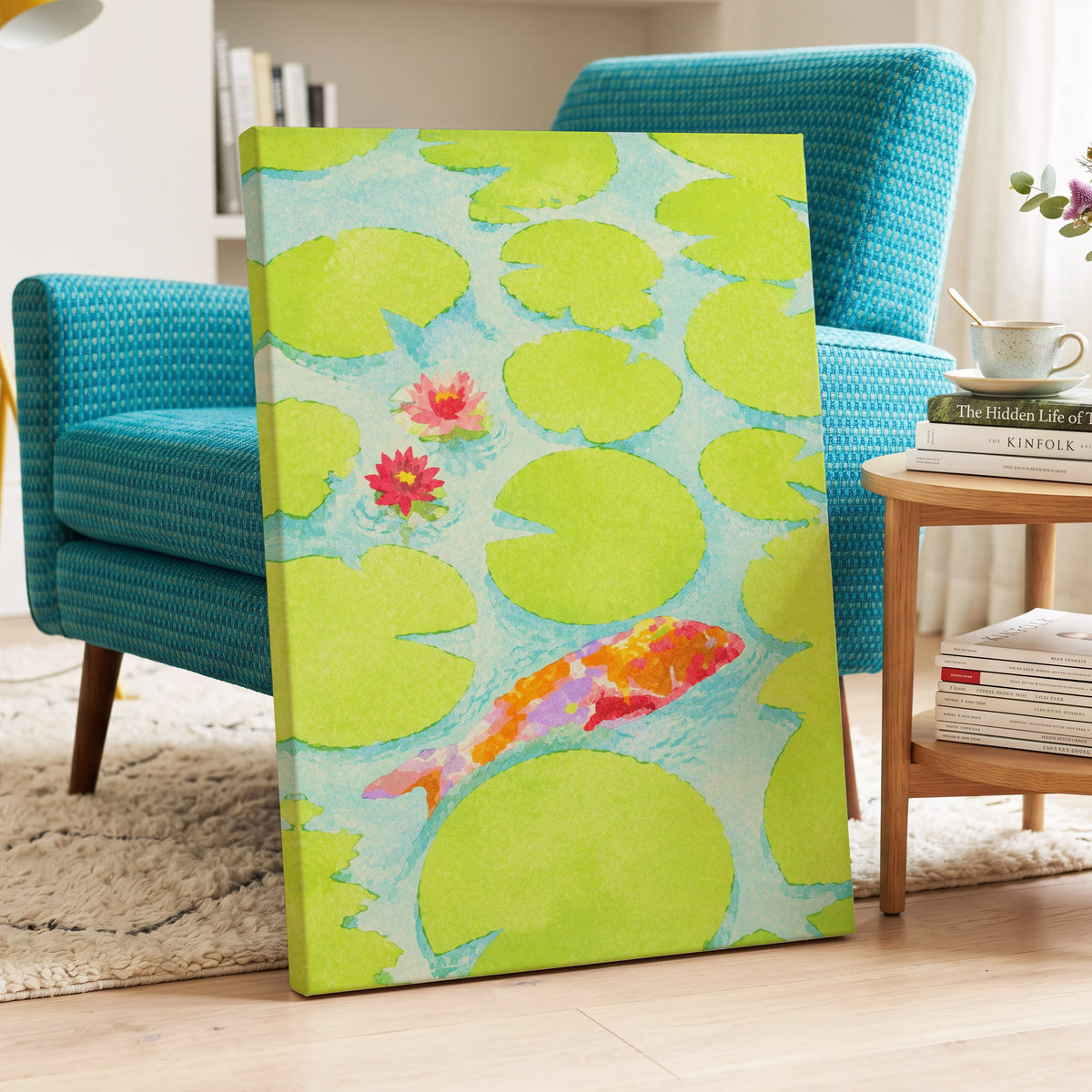 Lime Lagoon Koi, green, blue, orange nature wall art displayed in a styled interior, gallery view 7