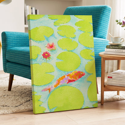 Lime Lagoon Koi, green, blue, orange nature wall art displayed in a styled interior, gallery view 7