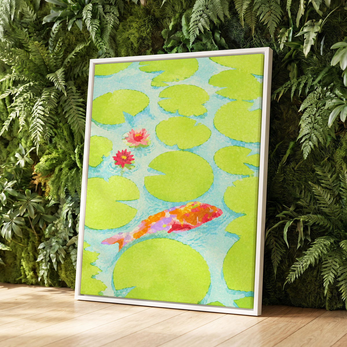 Lime Lagoon Koi, green, blue, orange nature wall art displayed in a styled interior, gallery view 8