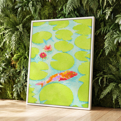 Lime Lagoon Koi, green, blue, orange nature wall art displayed in a styled interior, gallery view 8