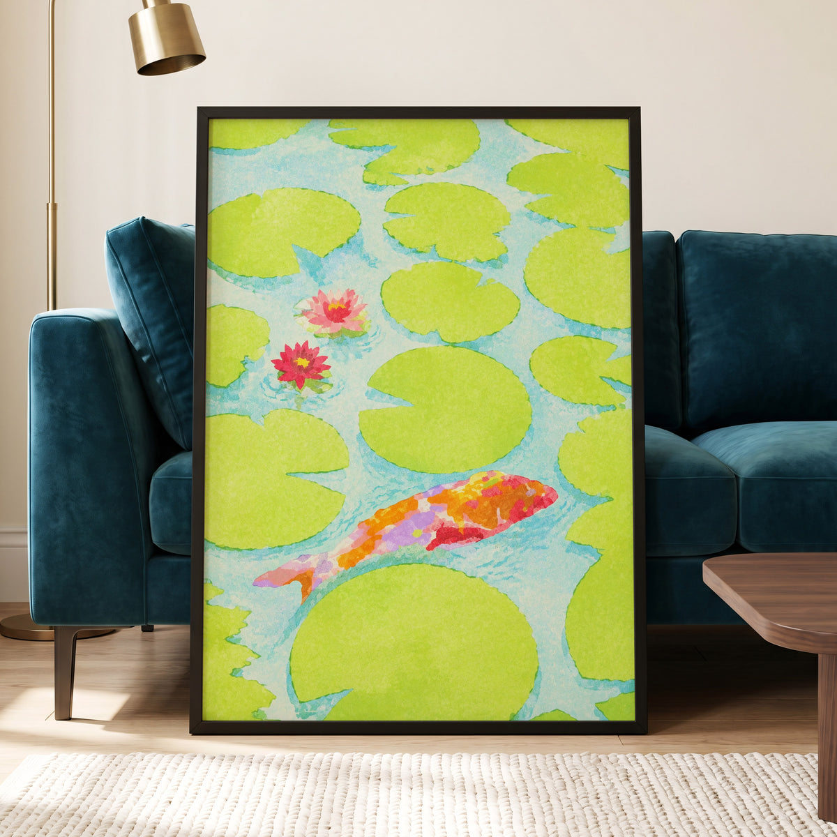 Lime Lagoon Koi, green, blue, orange nature wall art displayed in a styled interior, gallery view 9