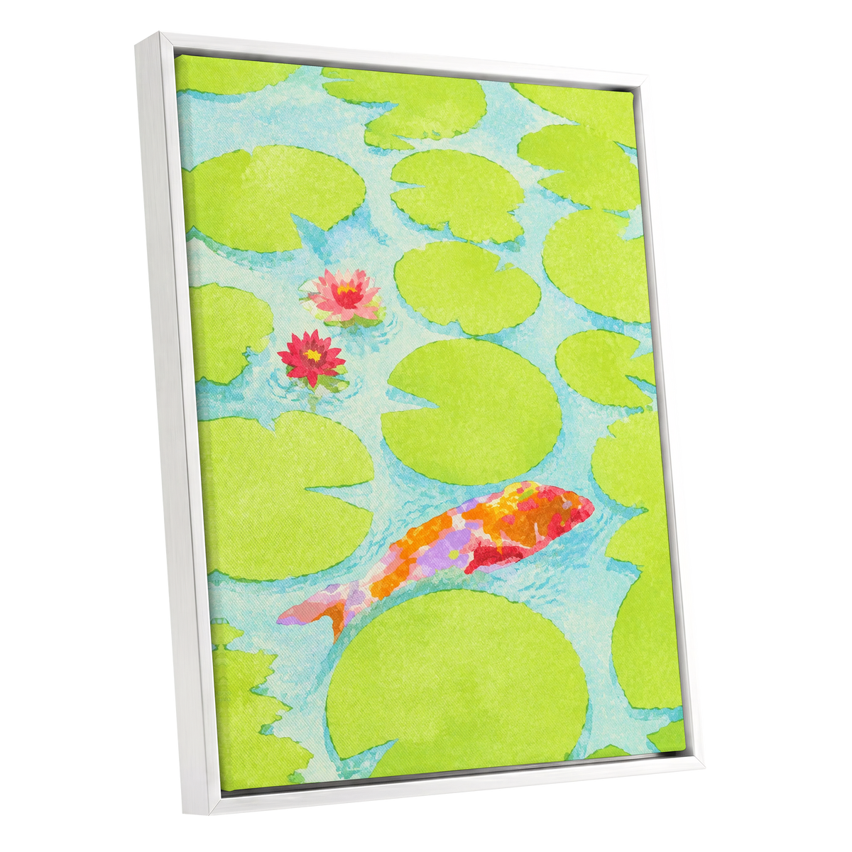 Lime Lagoon Koi, green, blue, orange nature wall art shown as a white framed canvas wall art